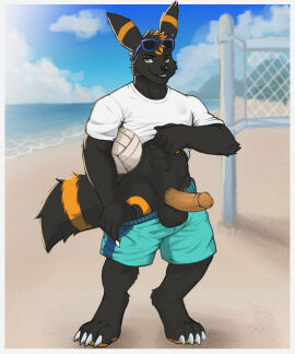 anthro balls beach black_body black_fur blue_bottomwear blue_clothing blue_shorts blue_sky bottomwear claws clothing cloud ear_markings ears_up eeveelution eyewear eyewear_on_head farn fur generation_2_pokemon genitals green_eyes hi_res humanoid humanoid_genitalia humanoid_penis male male_only masculine_male muscular muscular_male net nintendo orange_body orange_fur penis pokemon pokemon_(species) presenting presenting_abs presenting_penis sea shirt shorts sky solo sport sunglasses sunglasses_on_head tail topwear umbreon volleyball volleyball_net water white_clothing white_shirt white_topwear xenonnero