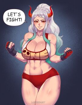 1girls abs bare_arms bare_legs bare_shoulders bare_thighs big_breasts blush breasts clothed clothing color english_text female female_focus female_only fit fit_female hi_res horns large_breasts light-skinned_female light_skin long_hair luchidart muscles muscular muscular_female one_piece orange_eyes shounen_jump solo solo_female tagme text text_bubble thick_thighs two-tone_hair white-haired_female white_hair yamato_(one_piece)