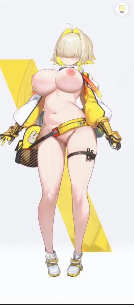 1girls bangs bangs_over_eyes blonde_hair breasts elegg_(nikke) female goddess_of_victory:_nikke light-skinned_female light_skin mostly_nude mostly_nude_female navel pussy shoes standing