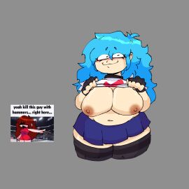 1girls areola areolae bare_breasts big_breasts blue_hair blush breasts chubby chubby_female english_text evilgoober exposed_breasts exposing_breasts exposing_self fat female fingerless_gloves friday_night_funkin friday_night_funkin_mod girlfriend_(friday_night_funkin) humor looking_at_viewer meme meme_caption nipples pulling_up_shirt shitpost skyblue skyblue_(friday_night_funkin) text thighhighs thighs