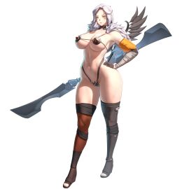 3d 3d_model alternate_costume amazon armor bikini_armor braided_hair breasts facial_markings fake_wings feet female fit fit_female game_cg gloves hand_on_hip hand_on_own_hip hi_res highres horizon_walker huge_breasts large_breasts legwear light-skinned_female light_skin lips lipstick long_hair mature mature_female muscular muscular_female navel no_bra no_panties official_art olsa_(horizon_walker) simple_background solo solo_female thick_thighs thighs weapon white_hair yellow_eyes