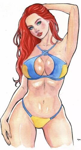 1girls bikini blue_bikini breasts curvy_figure female hourglass_figure jean_grey large_breasts long_hair marvel marvel_comics marvel_girl phoenix_(x-men) red_hair redhair shy slim_waist solo swimsuit thighs wide_hips x-men