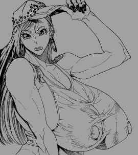 big_areola big_areolae big_areolas big_breasts black_and_white bonten breasts cap earrings eyelashes eyelashes_visible_through_hair fat_breasts female gem hard_nipples large_breasts lips long_hair long_nails muscles muscular muscular_arms muscular_female original original_character pokies tank_top thick_lips wet_shirt