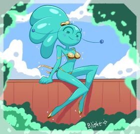 1girls blightstar blue_body blush cleavage clouds female gold_bikini gold_shoes golden_week long_eyelashes looking_at_viewer mint_(blightstar) original ponytail sitting sitting_on_fence slime slime_girl smile solo tagme