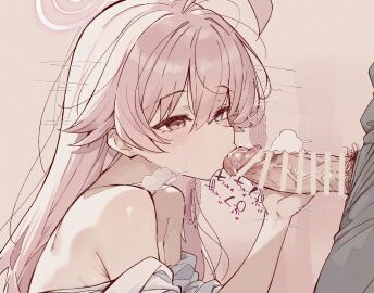 1boy ahoge blue_archive censored fellatio female glansjob hair_between_eyes halo handjob heterochromia highres hoshino_(blue_archive) long_hair looking_at_penis male male_pubic_hair oral penis pink_hair pubic_hair sepia simple_background straight suujiniku