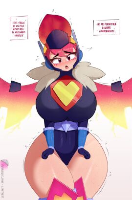 1girls 2025 armor armored_female ashamed ass big_ass big_breasts big_butt bradleyfun? brawl_stars breasts dialogue embarrassed embarrassed_female exposed_ass feathers female fire fire_hair firewing_janet_(brawl_stars) heart hero heroine janet_(brawl_stars) looking_at_viewer no_panties red_eyes red_hair spanish_text supercell talking_to_viewer text uncomfortable wings
