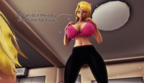 1boy 1girls 3d anya_jackal black_pants blonde_hair blue_eyes bra breasts cleavage english_text female hairclip kagamine_len kagamine_rin large_breasts male mikumikudance mikumikudance_(medium) mmd navel pants pink_bra short_hair smile smug sparkle straight tda_(3d_model_style) text vocaloid you_gonna_get_raped