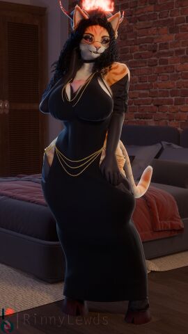 3d 9:16 anthro armwear big_breasts black_hair black_sclera breasts clothing cloven_hooves collar curled_hair curvy_figure demon digital_media_(artwork) domestic_cat dress ear_piercing ear_ring elbow_gloves erection eyewear facial_piercing fangs felid feline felis fire fur futanari genitals glasses gloves hair handwear hi_res hollow_hip_backless_chain_dress hooves horn hourglass_figure intersex jewelry mammal meme meme_clothing nose_piercing nose_ring orange_body orange_fur penis penis_between_breasts piercing pupils red_eyes ring_piercing rinny rinny_(character) septum_piercing septum_ring slit_pupils small_waist solo standing stripes succubus tabby_cat teeth trans_woman transfem wide_hips