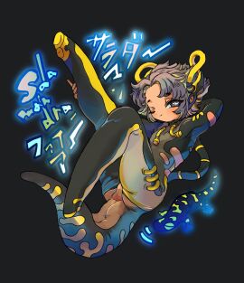 1boy animal arm_behind_head black_background black_bodysuit bodysuit bottomless bright_pupils closed_mouth commentary_request full_body grey_hair highres leg_up lizard_tail looking_at_viewer male male_focus one_eye_closed original otoko_no_ko personification purple_eyes salamander shima_(wansyon144) short_hair smile solo symbol-shaped_pupils tail