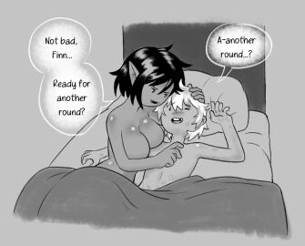 1boy 1girls 2024 adventure_time after_sex another_round bedroom bedroom_sex big_breasts bigger_female bite_marks blanket blush breasts cartoon_network cleavage covered_nipples cuddling duo eyebrows_visible_through_hair eyes_visible_through_hair fangs female finn_the_human glistening glistening_body kiss_mark lipstick_mark lofty_(artist) male marceline monochrome nude nude_female nude_male one_eye_closed open_mouth pillow short_hair talking_to_partner teeth text_bubble vampire vampire_girl