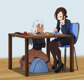 2girls absurdres ahoge alternate_version_available arm_rest ball_gag barefoot blindfold bondage bound bound_arms bound_legs brown_hair chair commission dark-skinned_female dark-skinned_sub dark_skin duo english_commentary eudetenis female female_only femdom femsub flying_sweatdrops forced_orgasm gag glasses high_heels highres jpg knob lezdom lilya_(pretzelfan) long_hair multiple_females multiple_girls navel original pantyhose pencil_skirt pretzelfan pussy remote_control_vibrator restrained second-party_source sex_toy sitting skirt skirt_suit squiggle_mouth stationary_restraints straitjacket suit sybian table turning_knob twisting_knob unworn_blindfold vibrator white_hair yellow_eyes yuri yuriko_(pretzelfan)