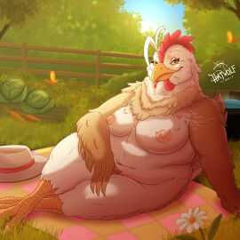 2025 anthro artist_logo artist_name avian beak bedding belly big_breasts bird blanket breasts butterfly_(accessory) carrot chicken clothing colored digital_drawing_(artwork) digital_media_(artwork) farm feather_hands feather_tuft feathers female food forest forest_background full-length_portrait galliform gallus_(genus) hat hatwolf headgear headwear hi_res light logo looking_at_viewer nature nature_background nipples nude overweight overweight_anthro overweight_female phasianid picnic plant portrait relaxing salad shaded signature smile solo sunlight text thick_thighs tree tuft vegetable