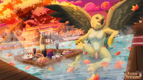 16:9 alcohol anthro arcanelynx avian balls beak beverage biped bird blonde_hair body_hair breasts chest_fur chest_hair container cup digital_drawing_(artwork) digital_media_(artwork) digitigrade drinking_glass feathered_wings feathers fingers flaccid fluffy fluffy_hair fluffy_neck_fur food foreskin fruit fur futanari genitals glass glass_container glass_cup grape hair hi_res humanoid_genitalia humanoid_penis intersex leaf looking_at_viewer multicolored_body multicolored_fur multicolored_hair nude original_character outside owl penile penis plant sitting smile solo spa spread_wings tree uncircumcised water watermark white_body white_fur white_hair widescreen wine wine_bottle wine_glass wings yellow_body yellow_feathers yellow_fur