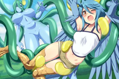 booty_shorts completely_nude fully_clothed harpy harpy_girl huge_breasts lindaroze monster_musume_no_iru_nichijou papi_(monster_musume) slime slime_girl small_breasts suu_(monster_musume) tagme