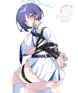 annoyed aoi_(blue_archive) arms_behind_back arms_tied_behind_back ass_visible_under_skirt belt blue_archive blue_eyes blue_halo blush bondage bound breasts closed_mouth doodle_sensei_(blue_archive) earclip epaulettes female femsub huge_breasts looking_at_viewer looking_back pleated_skirt pointy_ears purple_hair restrained restrained_arms restrained_wrists sensei_(blue_archive) short_hair skirt socks spank_marks spanked_butt suit taped_arms thigh_strap tie tied_hands tied_up underboob white_skirt white_socks youik16