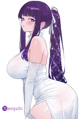 1girls absurdres bare_shoulders blunt_bangs blush breasts commentary_request dress earrings elbow_gloves female fern_(sousou_no_frieren) from_side gloves hair_ribbon halter_dress halterneck highres jewelry large_breasts long_hair looking_at_viewer looking_to_the_side miychi ponytail purple_eyes purple_hair ribbon side_slit sidelocks simple_background solo sousou_no_frieren standing thighhighs white_background white_dress white_gloves white_ribbon white_thighhighs