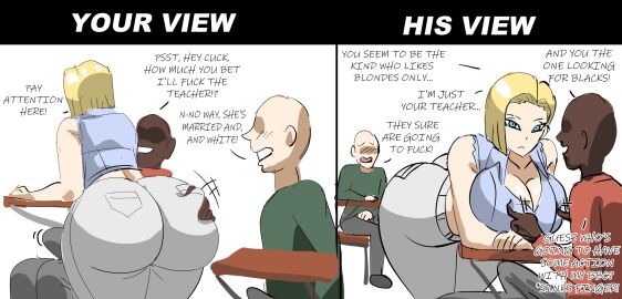 1girls 2boys android android_18 android_girl back back_view bald bald_male bending_forward bending_over big_breasts blonde-haired_female blonde_female blonde_hair blue-eyed_female blue_eyes boner boner_in_pants breasts cleavage clothed clothed_female clothing cuckold dark-skinned_male dark_skin desk dragon_ball dragon_ball_super dragon_ball_z english english_text erection erection_in_pants erection_under_clothes erection_under_clothing erection_under_pants female grabbing grabbing_ass groping groping_ass gtsn17 light-skinned_female light-skinned_male light_skin male medium_hair milf mother poking_breasts poking_nipples sitting_at_desk sitting_on_desk student student_and_teacher teacher teacher_and_student text two_panel_image white_background wife zdaddyecchi