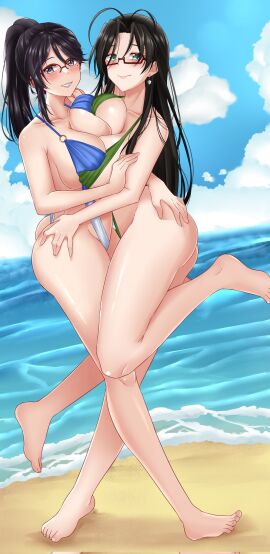 2girls alternate_costume ass ass_grab asymmetrical_docking bare_arms bare_legs bare_shoulders barefoot beach beauty_mark big_ass black_hair blue_one-piece_swimsuit blue_swimsuit breast_press breasts brown_hair cleavage collarbone crossover cuddling deep_skin earrings female female_only fire_emblem full_body glasses green_eyes green_one-piece_swimsuit green_swimsuit grey_eyes grin groping hasegawa_chisato large_breasts leg_up legs long_hair looking_at_viewer maiko_shimazaki mole mole_under_eye multiple_females multiple_girls nintendo ocean one-piece_swimsuit outdoors ponytail revealing_clothes rynn_(darknescorez) shinmai_maou_no_testament shoulders sideboob sling_bikini slingshot_swimsuit smile standing standing_on_one_leg swimsuit tokyo_mirage_sessions_#fe very_long_hair white_one-piece_swimsuit white_swimsuit yuri