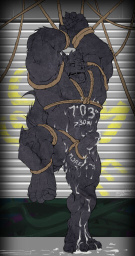 absurd_res anthro biceps bodily_fluids body_writing bondage bound canid canine canis cum cum_dripping_from_penis cum_on_abs cum_on_feet cum_on_hand cum_on_leg cum_on_penis cum_strand erection eye_roll feet foreskin front_view genital_fluids genital_rope genitals hair hands_above_head hands_tied hi_res humanoid_genitalia humanoid_penis inanimate_transformation leg_tied male male_focus male_only mammal muscular muscular_male okamiagito on_one_leg open_mouth penis penis_rope petrification raised_arms raised_hands raised_leg restraints retracted_foreskin rope rope_bondage sculpture solo standing statue tongue tongue_out transformation uncircumcised wolf
