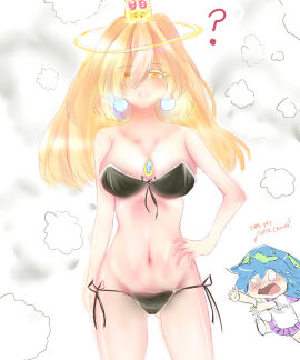 2girls ? bare_shoulders blonde_hair blue_hair breasts crown crunnix earth-chan female female_only green_hair light-skinned_female light_skin navel saturn-chan super_crown two-tone_hair