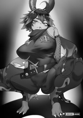 ahoge animal_ears arms_behind_back bare_shoulders belt bodysuit breasts cameltoe dark_skin digitigrade earrings elbow_gloves feet female final_fantasy final_fantasy_xiv fishnets furry gloves gyaru jewelry kiddycorky kunoichi large_breasts looking_at_viewer ninja original piercing pussy rabbit rabbit_ears scarf short_hair solo spread_legs square_enix squatting tail tan toeless_legwear tomboy viera warrior_of_light_(ff14)