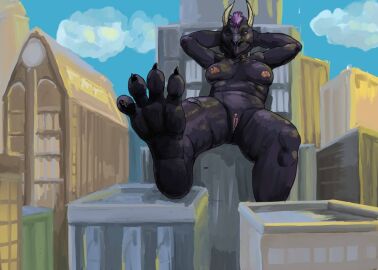 2011 anthro big_breasts black_body breasts building city claws cloud cloudy_sky colored day detailed_background dragon feet female genitals hair hands_behind_head horn jeri_kleinlowe looking_at_viewer macro macro_female mythological_creature mythological_scalie mythology nipples nude nude_female pink_nipples purple_hair pussy scalie sitting sky skyscraper smile solo vulva