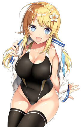 ahoge antenna_hair arm_support bikini black_bikini black_legwear black_leotard black_one-piece_swimsuit black_stockings black_swimsuit black_swimwear black_thighhighs blonde-haired_female blonde_female blonde_hair blue-eyed_female blue_eyes breasts cleavage collarbone competition_swimsuit cowboy_shot curvy curvy_body curvy_female curvy_figure curvy_hips curvy_thighs female fingernails flower flower_hair_ornament groin hachimiya_meguru hair_ornament hi_res highres hourglass_figure idolmaster idolmaster_shiny_colors inuzumi_masaki invisible_chair jacket jacket_on_shoulders large_breasts legs legs_together legwear leotard looking_at_viewer low_twintails nail nail_polish one-piece_swimsuit open_mouth open_mouth_smile parted_lips pink_fingernails pink_nail pink_nail_polish simple_background sitting slender_body slender_waist slim_female slim_waist solo stockings swimsuit swimwear thighhighs thighs thin_waist tongue twintails v-line white_background white_jacket wide_hips