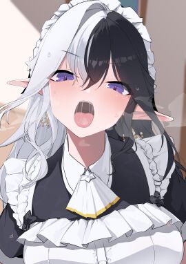 absurdres apron black_hair blush commission earrings eileennoir female gloves gokkun highres indie_virtual_youtuber jewelry long_hair looking_at_viewer maid maid_apron maid_headdress multicolored_hair open_mouth pointy_ears purple_eyes saliva short_sleeves skeb_commission solo sweat teeth tongue tongue_out two-tone_hair upper_teeth_only virtual_youtuber white_apron white_gloves white_hair yanagui_yugi