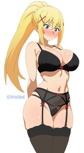 1girls ass big_ass big_breasts big_butt big_thighs big_titties black_bra black_lingerie black_panties blonde blonde-haired_female blonde_female blonde_hair blue-eyed_female blue_eyes blush blushing blushing_female bra breasts clothing curvaceous curvaceous_female curvaceous_figure curvy curvy_figure curvy_hips darkness_(konosuba) female female_focus female_only frixtied garter_belt huge_breasts kono_subarashii_sekai_ni_shukufuku_wo! light-skinned_female lingerie long_hair looking_at_viewer panties ponytail sole_female solo thick_thighs thighhighs underwear yellow_hair