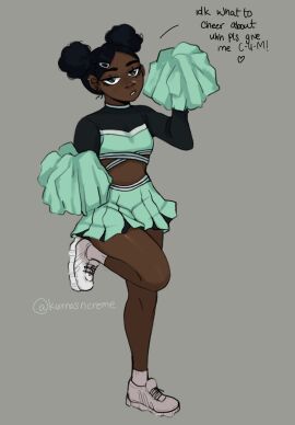 1girls 2020 afro_puffs artist_name black_hair cheerleader cheerleader_uniform dark-skinned_female dark_skin female female_only kuma_(kumasncreme) kumasncreme midriff skirt solo