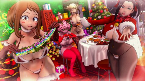 3d 4girls antler_headband antlers bikini black_hair blonde_hair boku_no_hero_academia bra breasts brown_eyes brown_hair christmas christmas_clothing christmas_outfit christmas_tree female female_only food himiko_toga huge_breasts koi-animex koikatsu light-skinned_female light_skin looking_at_viewer merry_christmas mina_ashido momo_yaoyorozu my_hero_academia nipples ochako_uraraka party pink-skinned_female pink_hair pink_skin presents self_upload sitting standing stockings thighhighs toga_himiko