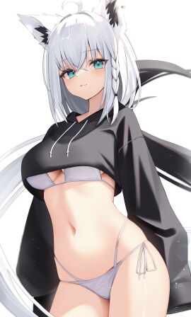 1girls absurdres ahoge animal_ear_fluff animal_ears bikini black_hoodie blue_eyes braid breasts cowboy_shot crop_top cropped_hoodie crossed_bangs drawstring female fox_ears fox_girl fox_tail hair_between_eyes highres hololive hololive_gamers hololive_gen_1 hololive_japan hood hoodie large_breasts long_hair long_sleeves looking_at_viewer multi-strapped_bikini_bottom navel shirakami_fubuki side-tie_bikini_bottom simple_background single_braid skindentation sleeves_past_fingers sleeves_past_wrists solo stomach swimsuit tail thomas_8000 very_long_hair virtual_youtuber white_background white_bikini white_hair