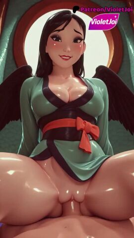 1boy ai_generated black_eyes black_hair black_wings blush bottomless breasts cleavage clothed_sex collarbone cowgirl_position disney disney_princess eyeshadow fa_mulan feathered_wings female japanese_clothes kimono large_breasts lips long_hair looking_at_viewer makeup mulan obi penis pov pussy sash sex shiny_skin smile solo_focus spread_legs straddling straight thighs uncensored vaginal_penetration video wings