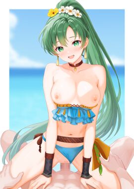 1boy 1girls :d absurdres bikini blue_bikini blue_sky breasts censored cloud collarbone commission cowgirl_position day earrings female fire_emblem fire_emblem:_the_blazing_blade fire_emblem_heroes flower got0_naisho green_eyes green_hair hair_flower hair_ornament highres jewelry large_breasts light-skinned_female light-skinned_male light_skin long_hair lyn_(fire_emblem) lyn_(lady_of_the_beach)_(fire_emblem) male_pov mosaic_censoring navel official_alternate_costume open_mouth outdoors outside_border penis ponytail pov sex skeb_commission sky smile solo_focus stomach straddling straight swimsuit thighs tongue very_long_hair white_bourder