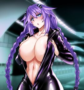 1girls alternate_costume areola_slip big_breasts blue_eyes blush bodysuit breasts busty child_bearing_hips cleavage female female_only half-closed_eyes hands_on_own_chest highres horny horny_female huge_breasts in_heat legs long_hair looking_at_viewer navel neptune_(neptunia) neptunia_(series) no_bra nyamota nyamota_(artist) parted_lips pose posing purple_hair purple_heart_(neptunia) seductive_gaze sensual solo sweat thick_thighs thighs toned tongue twin_braids unzipped unzipped_bodysuit voluptuous
