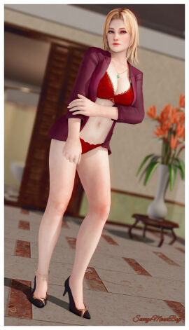 1girls 3d blonde_hair bra breasts cleavage dead_or_alive female female_focus female_only highres jacket large_breasts lingerie open_jacket red_lingerie savagemoonboy thong tina_armstrong