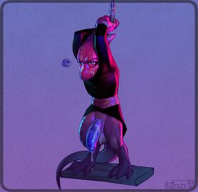 after_sex anthro balls big_balls big_penis black_clothing black_sweater black_topwear blue_penis bodily_fluids bound chained chains clothed clothing cum cum_drip cum_on_penis dripping genital_fluids genitals grainy_background hi_res kobold korichi long_tail looking_at_viewer male partially_clothed penis questionable_consent restraints scalie short_anthro short_male solo sweater tail thick_tail topwear