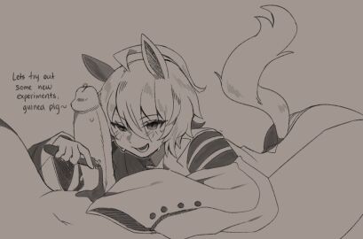 1boy agnes_tachyon_(umamusume) ahoge animal_ears female greyscale highres holding holding_vial horse_ears horse_tail long_sleeves male medium_hair monochrome oniiyanna open_mouth penis pouring_onto_another pouring_onto_penis pov solo_focus straight tail umamusume uncensored vial