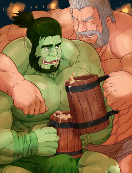 2boys alcohol arm_around_shoulder bara beard beer blush bulge colored_skin couple cowboy_shot drunk erection erection_under_clothes facial_hair fantasy full_beard green_skin grey_hair high_ponytail highres interspecies large_pectorals laughing loincloth looking_at_another male male_focus male_only mature_male monster_boy multiple_boys multiple_males muscular muscular_male nipples old old_male orc original pectorals pointy_ears precum precum_through_clothes pub sanpaku sitting tamineko thick_beard thick_eyebrows topless_male tusks yaoi