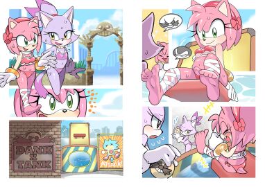 2022 2girls 5_toes absurd_res amusement_park amy_rose anthro ball_(object) barefoot bikini blaze_the_cat blush bodily_fluids bracelet breasts carnival_game city city_background cityscape clothing comic digital_media_(artwork) domestic_cat dunk_tank duo eulipotyphlan excited eye_contact eyelashes fangs feet felid feline felis female female/female flat_chested forehead_gem fur gem glistening glistening_body gloves green_eyes handwear happy head_tuft hedgehog hi_res holding_ball holding_object humanoid_feet jewelry looking_at_another mammal multicolored_body multicolored_fur navel one_eye_closed open_mouth open_smile oposa outside pink_body pink_fur plantigrade purple_bikini purple_body purple_clothing purple_fur purple_swimwear red_bikini red_clothing red_hair_tie red_hairband red_swimwear sega sitting small_breasts smile soles sonic_(series) sonic_the_hedgehog_(series) speech_bubble spread_legs spreading surprised_expression sweat swimwear teeth toes tuft two-piece_swimsuit uyu walking water wet wet_body white_body white_clothing white_fur white_gloves white_handwear yellow_eyes