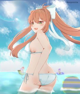 ball beach_ball doki_doki_literature_club female female_only honyorole kusu_seiro monika_(doki_doki_literature_club) open_mouth solo swimsuit white_bow