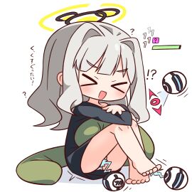 :d >_< ? barefoot black_shirt blue_archive blunt_bangs blush closed_eyes commentary_request female full_body grey_hair halo hana_kazari hare_(blue_archive) highres knees_up long_hair long_sleeves open_mouth panties pussy shirt simple_background sitting smile solo tickling tickling_pussy tickling_through_clothing translation_request underwear white_background white_panties xd yellow_halo
