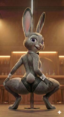 ass back_view big_ass bunny bunny_ears bunny_girl bunny_tail female gray_fur happy happy_female judy_hopps light-skinned_female lingerie no_bra pole pole_dancing pose purple_eyes zootopia