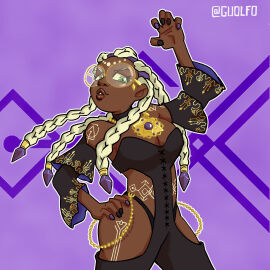 1girls ass big_breasts bodypaint braid braided_hair braided_ponytail breasts dark-skinned_female dark_skin dolores_(kof) dress female glasses gold_(metal) gold_jewelry green_eyes hand_on_ass hand_on_butt hand_on_hip jewel jewelry king_of_fighters necklace open_clothes painted_nails purple_hair round_glasses thong two-tone_hair voluptuous_female white_hair wide_hips