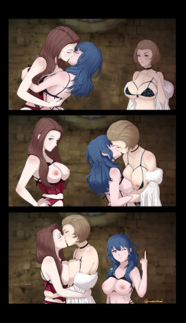 3girls areolae blue_hair bra_lift bra_pull breasts breasts_out brown_hair byleth_(fire_emblem)_(female) chestnut_hair corset dorothea_arnault female fire_emblem fire_emblem:_three_houses kissing large_breasts lingerie long_hair looking_at_viewer manuela_casagranda meme middle_finger mole_under_eye nipples vivi_monsta wink winking_at_viewer yuri
