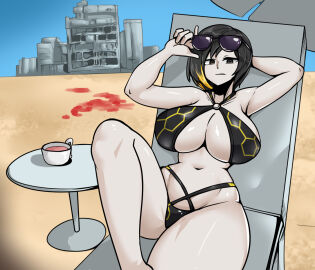 1girls beach_chair big_breasts bikini binah black_eyes black_hair breasts chair cleavage female female_only large_breasts lobotomy_corporation looking_at_viewer multicolored_hair navel oni_(26153732) outdoors project_moon solo sunglasses sunglasses_on_head swimsuit teacup thick_thighs