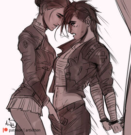 2girls arcane arcane_caitlyn arcane_vi arm_bandages artkitt-creations bandaged_arm bandaged_chest bandages breast_bandage breasts caitlyn_kiramman clenched_teeth cuff_(restraint) cuffs female fingering fingering_partner fingering_through_clothes handcuffed_to_pole handcuffs implied_fingering jacket jacket_open league_of_legends leather_jacket smiling standing standing_sex tagme vi yuri