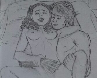 1boy 1girls after_sex anakin_skywalker beauty_mark bed breasts curly_hair female female_on_top hand_in_hair imminent_sex legs_spread male master-burglar nipples padme_amidala pleased_expression revenge_of_the_sith robotic_arm sketch star_wars younger_male