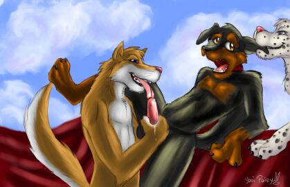 2008 ambiguous_gender anthro anthro_on_anthro black_body black_fur blue_eyes blue_sky canid cloud ear_nibble facial_spots fangs fur genitals group licking male male/male mammal narrowed_eyes nude open_mouth oral orange_body orange_eyes orange_fur penile penis penis_lick pink_tongue sex sky spotted_arms spotted_face teeth tongue tongue_out trio white_body white_fur yaoifairy