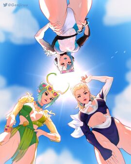 blonde_female blonde_hair blue_eyes blue_swimsuit breasts exposed_breasts fantastic_four female genjiruu green_eyes green_hair green_swimsuit guardians_of_the_galaxy invisible_woman invisible_woman_(azure_shade) invisible_woman_(marvel_rivals) legs long_hair looking_down_at_viewer luna_snow luna_snow_(cool_summer) luna_snow_(marvel_rivals) mantis_(marvel) mantis_(marvel_rivals) mantis_(oceanic_harmony) marvel marvel_comics marvel_rivals multicolored_hair multiple_females multiple_girls sue_richards sue_storm sunglasses sunglasses_on_head swimsuit